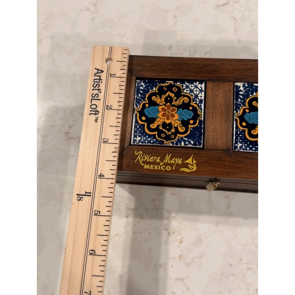 El Viejo Arte Riviera Maya Mexico Wooden Trinket‎ Box Talavera Tile Inlay Brown